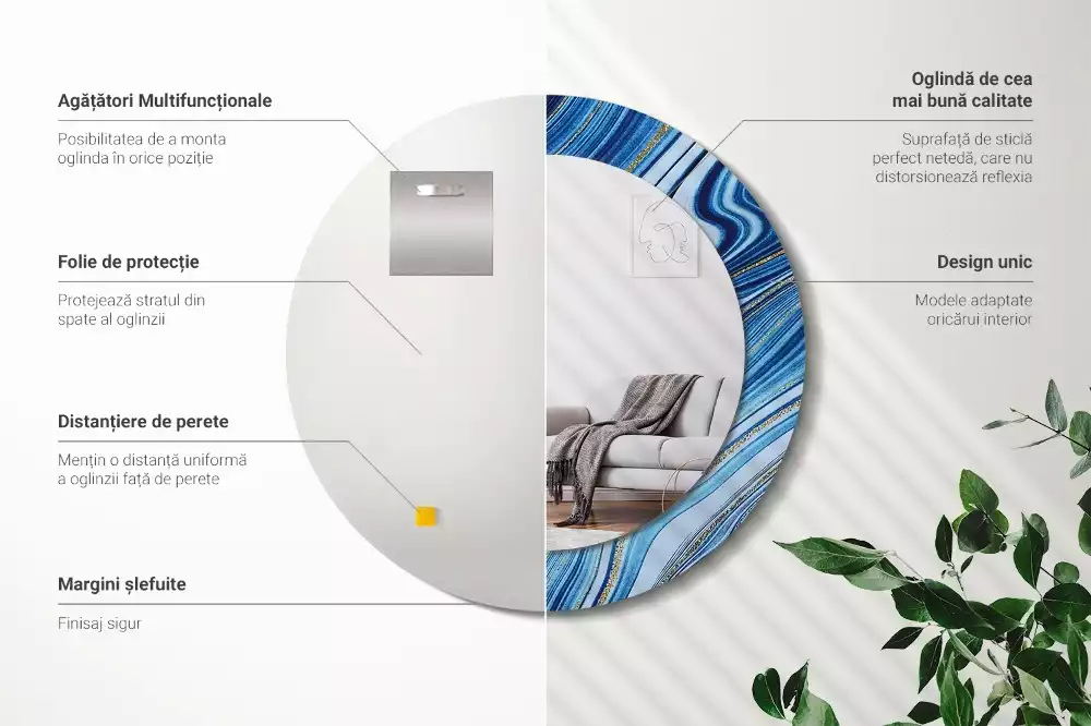 Ronde spiegel met bedrukte lijst Marmeren Rivier