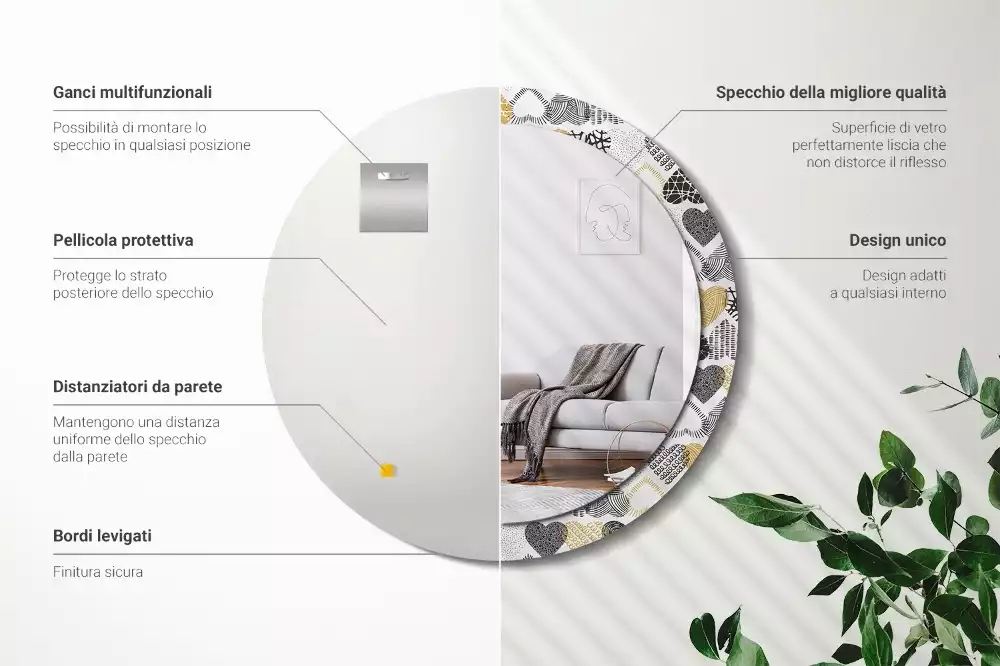 Ronde spiegel met bedrukte lijst Harten Doodle Stijl