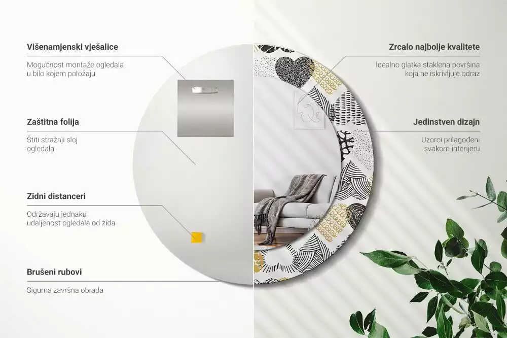 Ronde spiegel met bedrukte lijst Harten Doodle Stijl