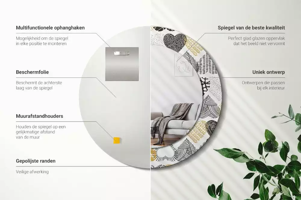 Ronde spiegel met bedrukte lijst Harten Doodle Stijl