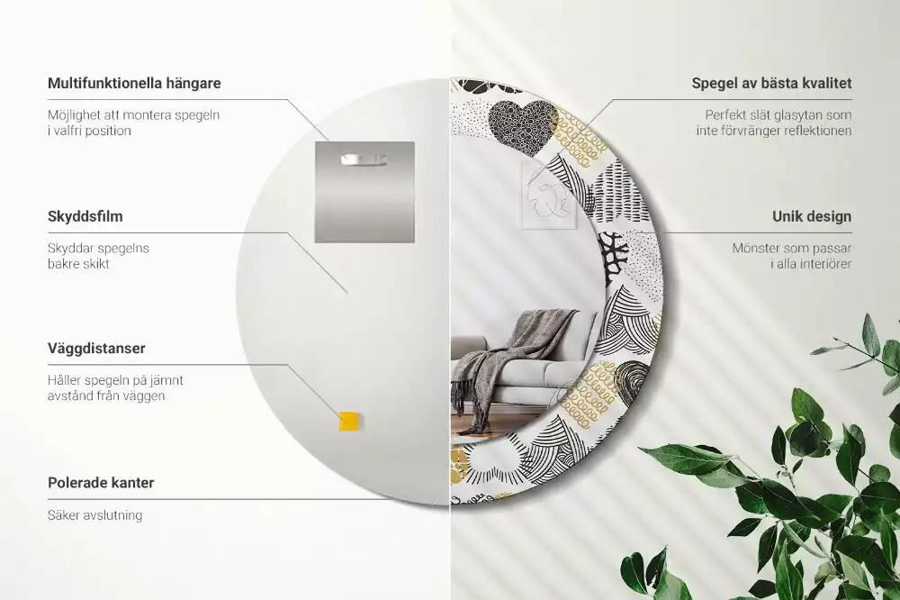 Ronde spiegel met bedrukte lijst Harten Doodle Stijl