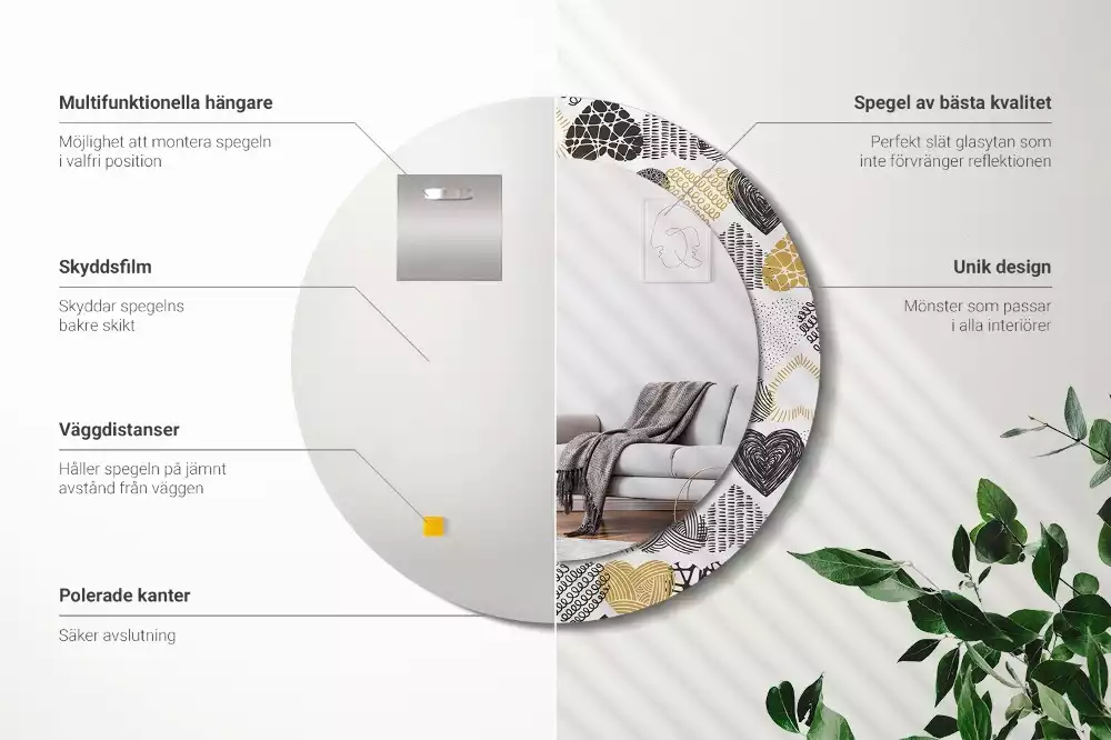 Ronde spiegel met bedrukte lijst Harten Doodle Stijl