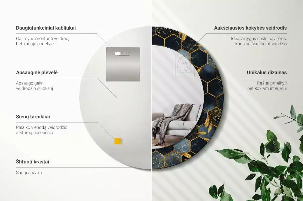 Ronde spiegel met decoratie Marmeren zeshoek