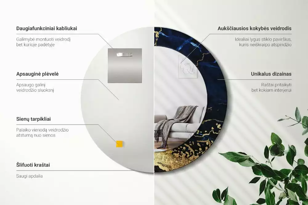 Bedrukte ronde spiegel Blauwe marmer