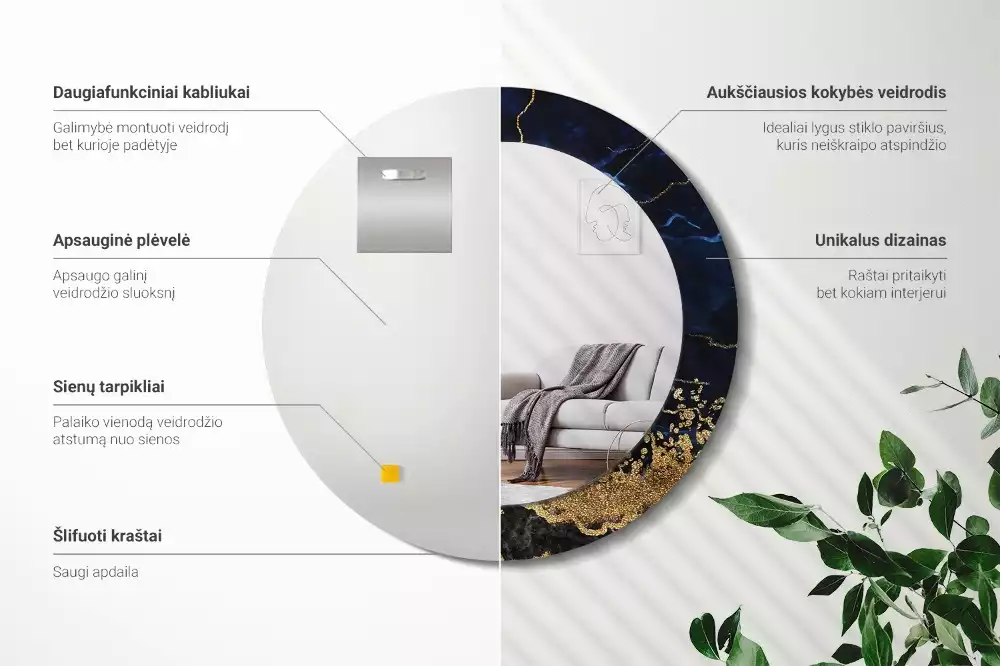 Bedrukte ronde spiegel Blauwe marmer