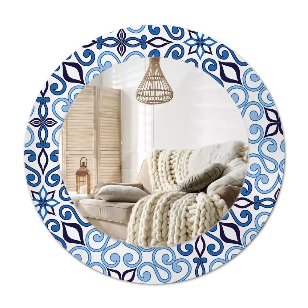 Ronde spiegel met bedrukte lijst Blauw Arabisch patroon