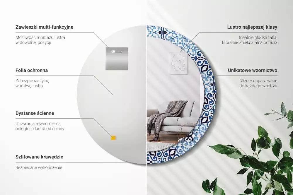 Ronde spiegel met bedrukte lijst Blauw Arabisch patroon