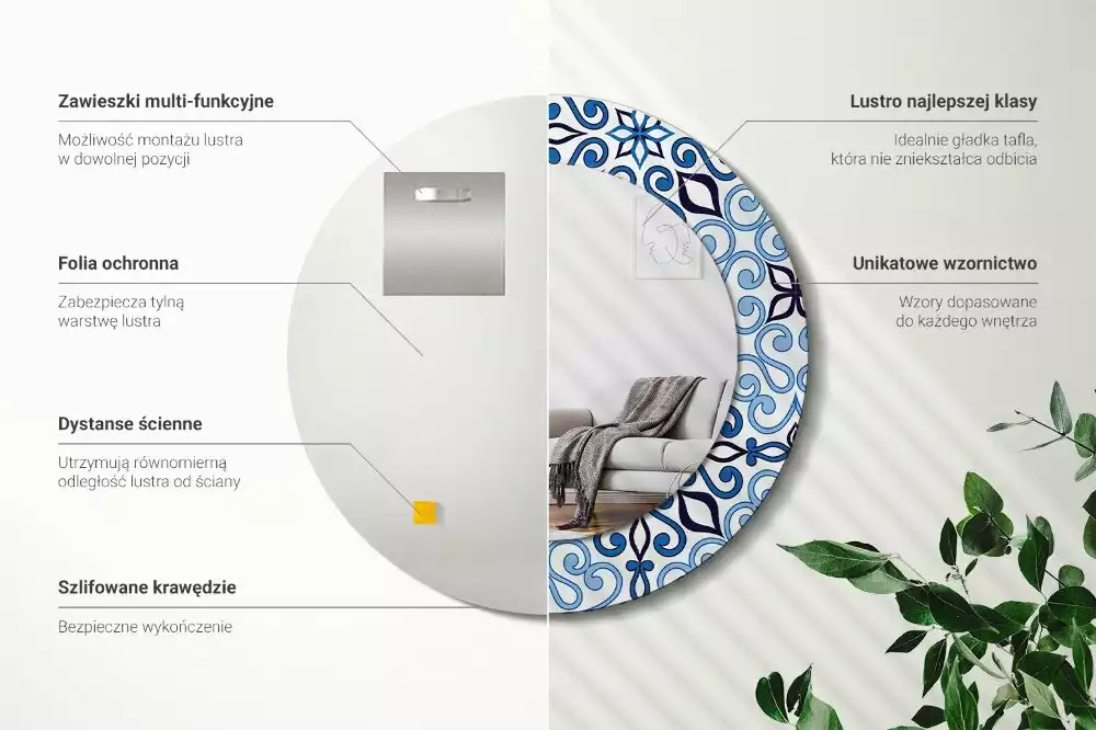 Ronde spiegel met bedrukte lijst Blauw Arabisch patroon