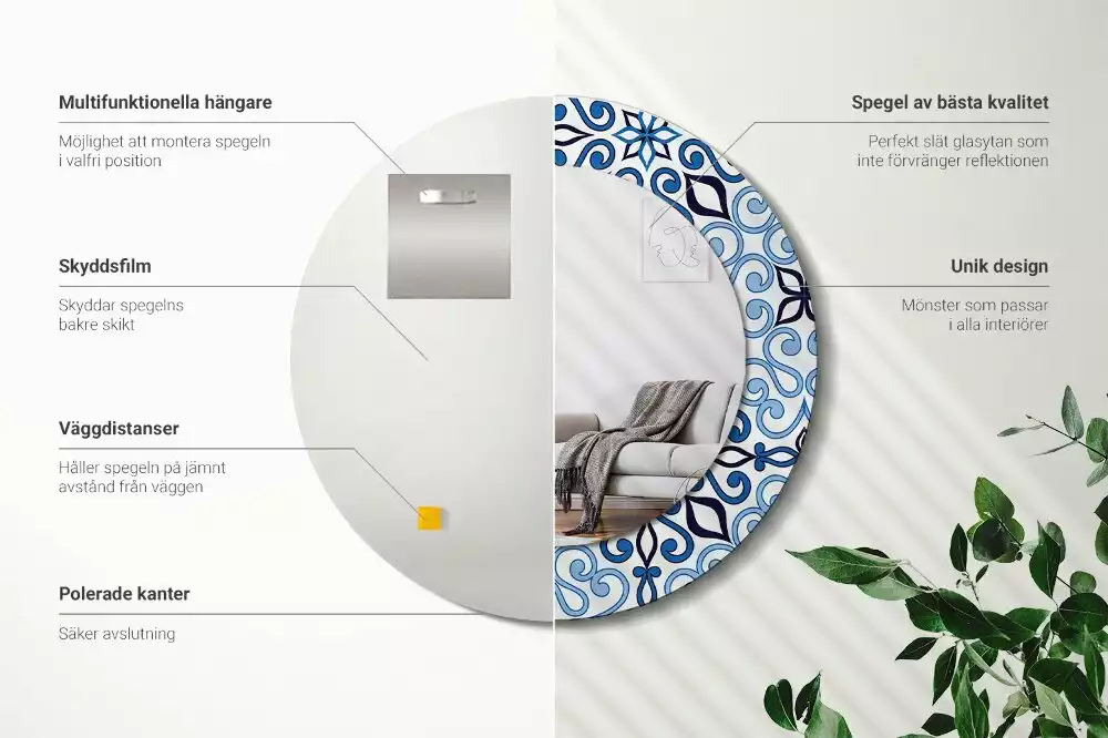 Ronde spiegel met bedrukte lijst Blauw Arabisch patroon