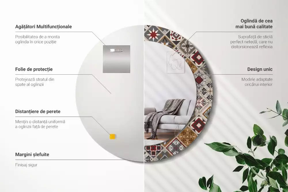 Ronde spiegel met bedrukte lijst Turks patroon