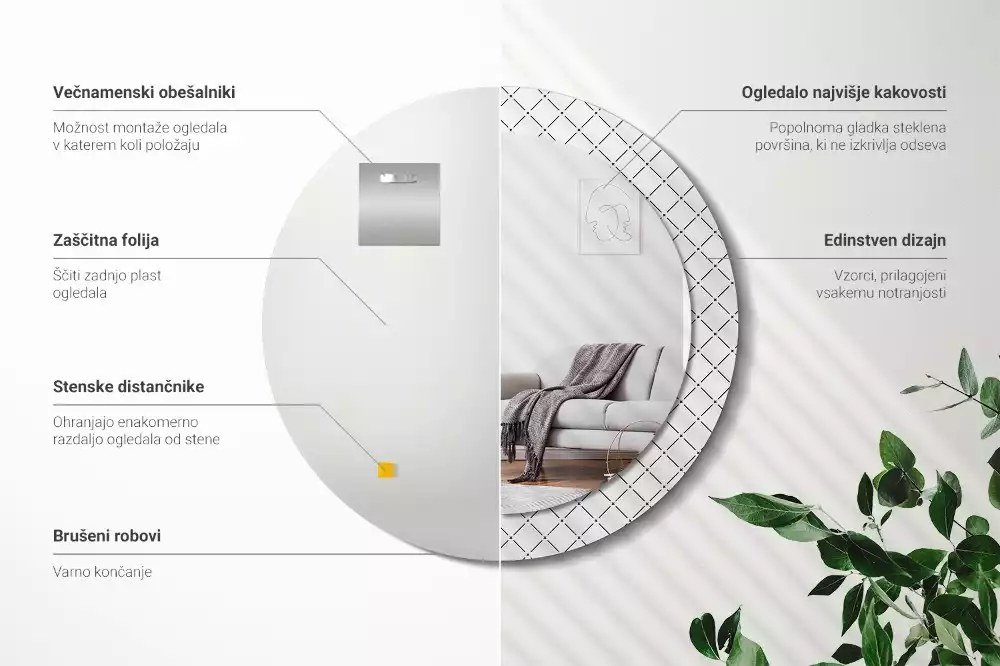 Ronde spiegel met bedrukte lijst Kruislijnen