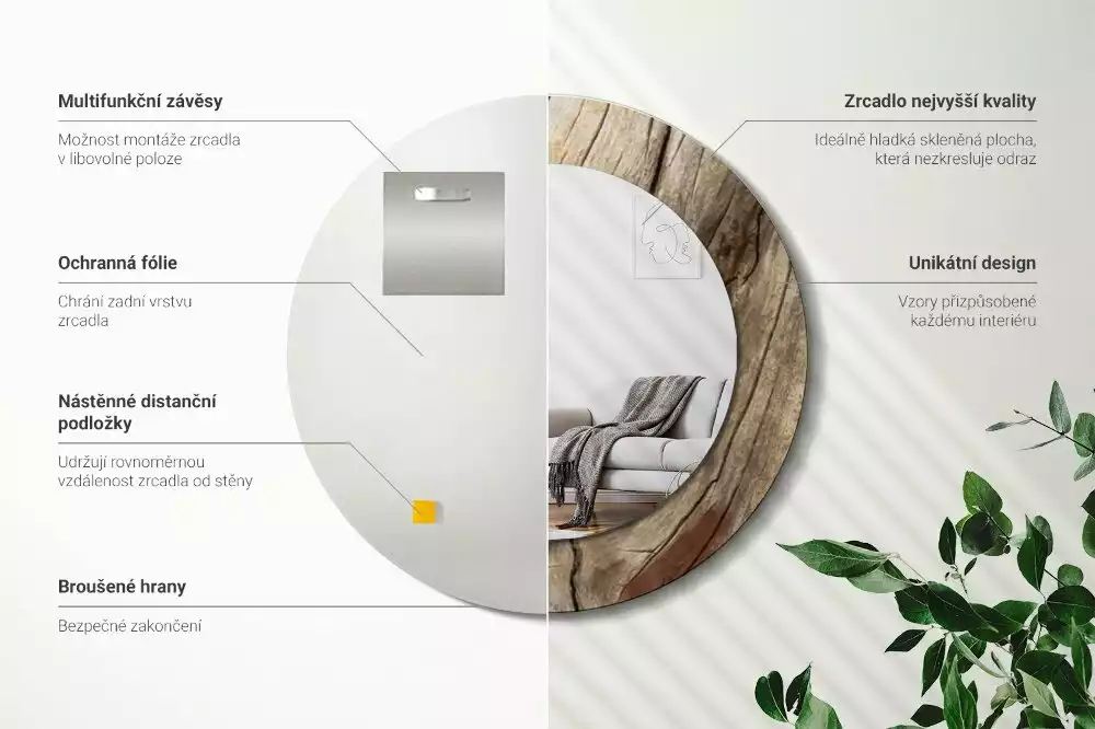 Bedrukte ronde spiegel Gebarsten hout