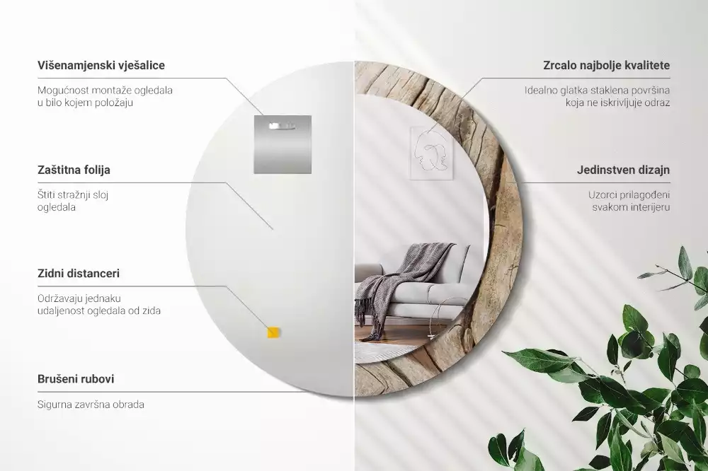 Bedrukte ronde spiegel Gebarsten hout