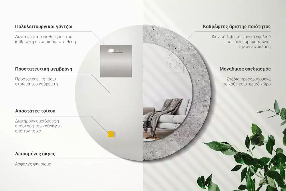 Ronde spiegel met bedrukte lijst Grijs beton