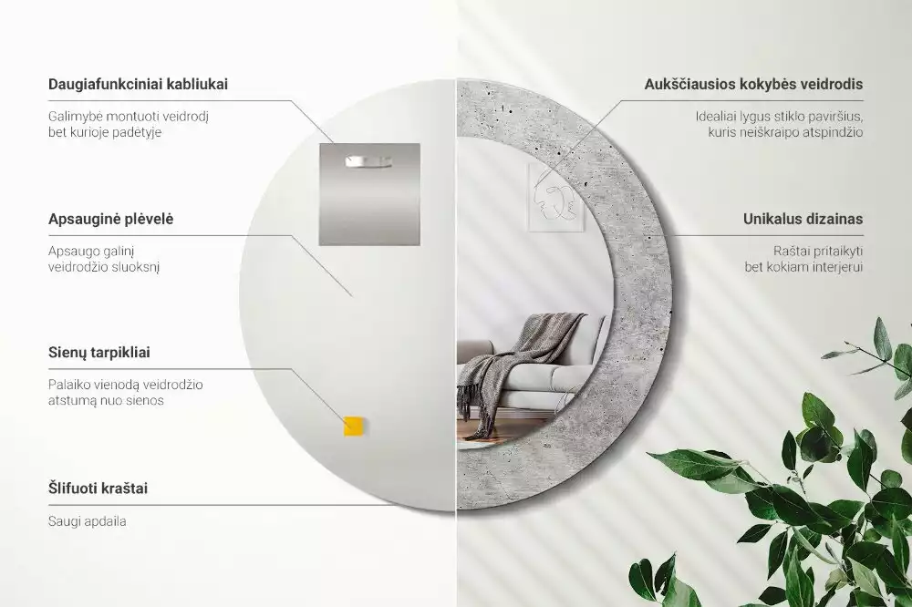 Ronde spiegel met bedrukte lijst Grijs beton
