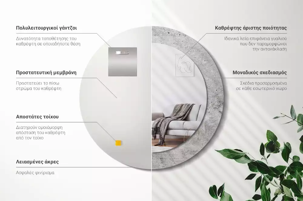 Ronde spiegel met bedrukte lijst Grijs beton