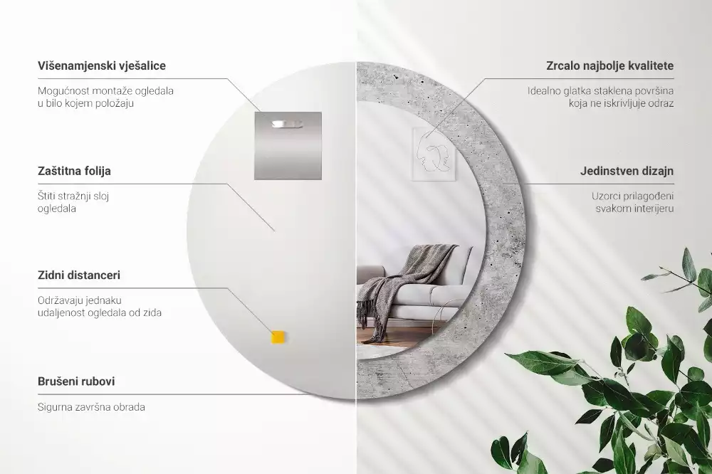 Ronde spiegel met bedrukte lijst Grijs beton