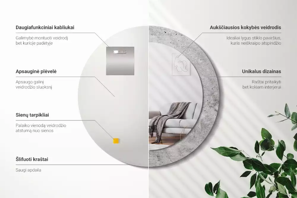 Ronde spiegel met bedrukte lijst Grijs beton