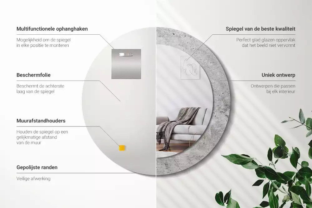Ronde spiegel met bedrukte lijst Grijs beton