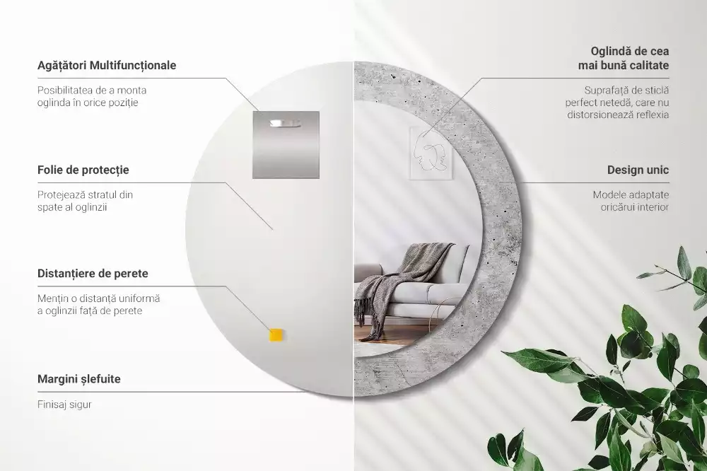 Ronde spiegel met bedrukte lijst Grijs beton