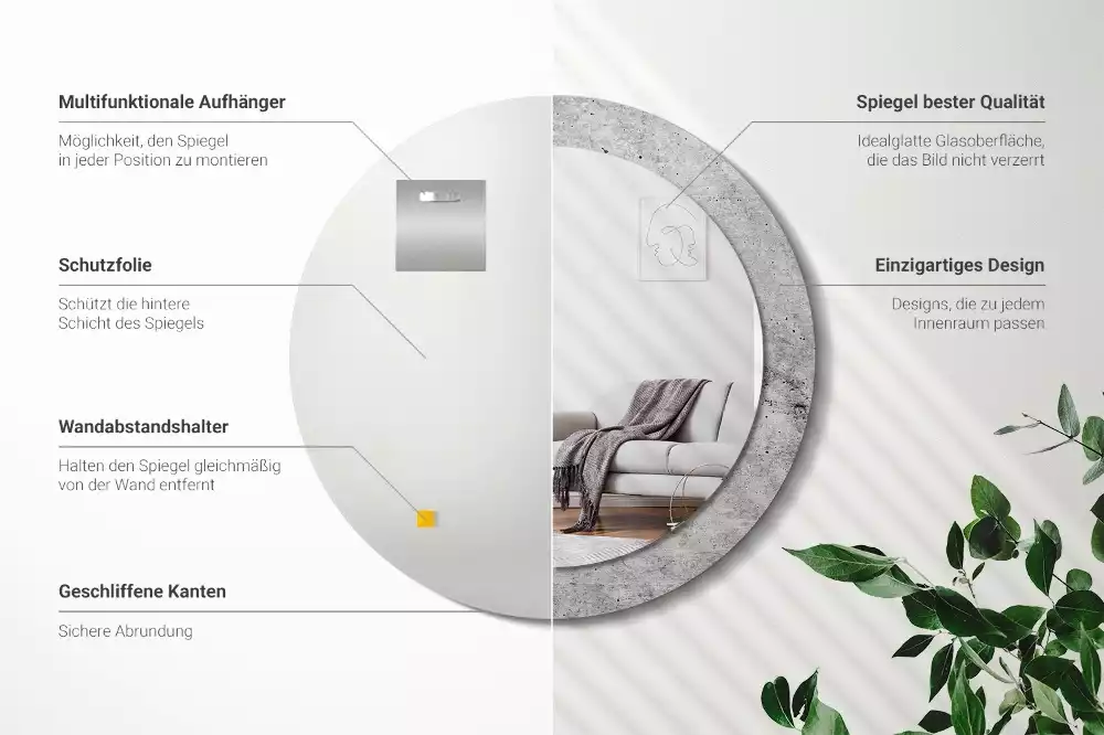 Ronde spiegel met bedrukte lijst Grijs beton