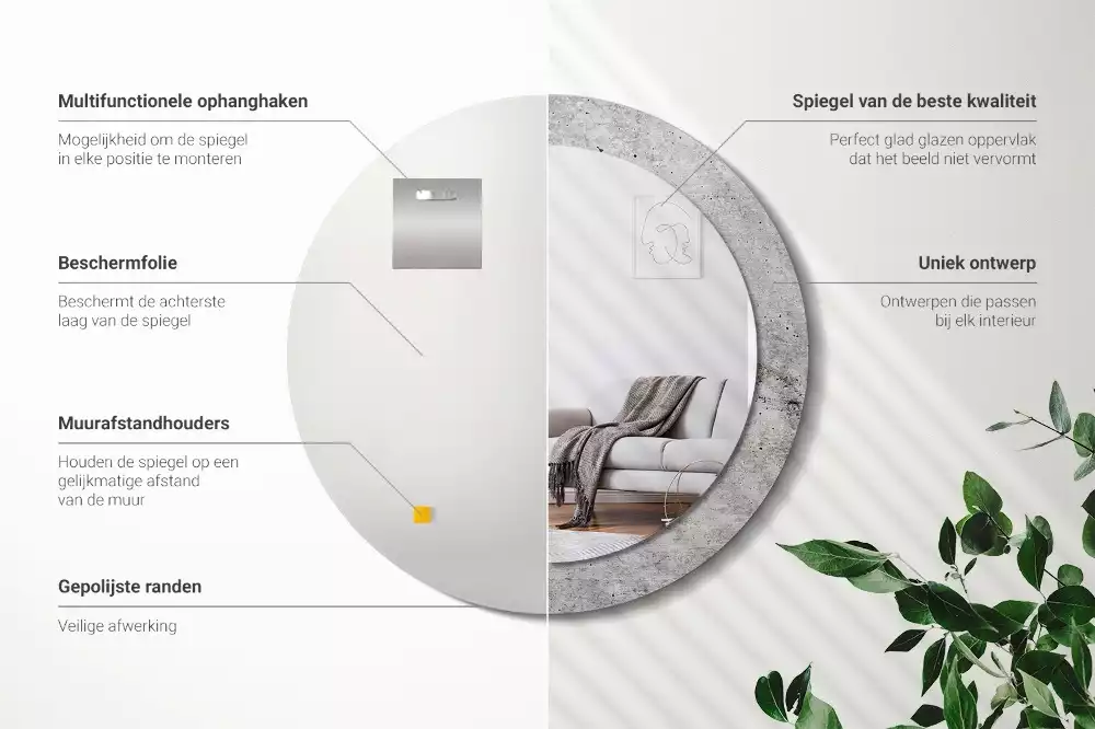 Ronde spiegel met bedrukte lijst Grijs beton