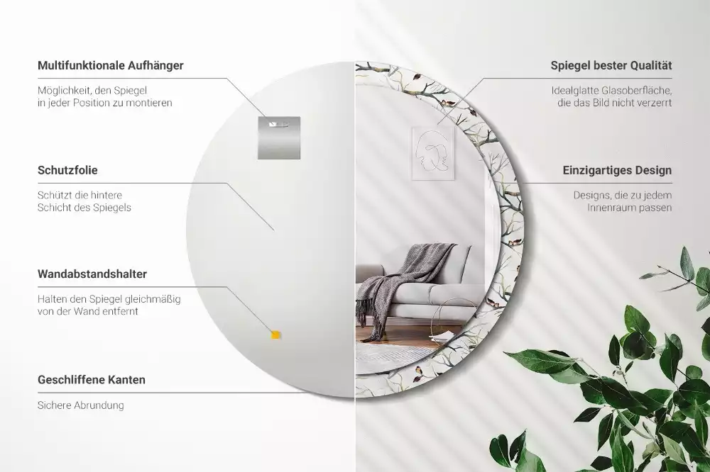 Ronde spiegel met decoratie Mussen vogels takken