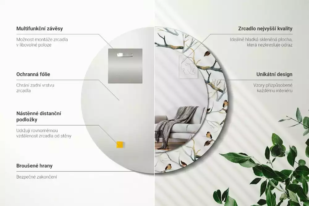 Ronde spiegel met decoratie Mussen vogels takken