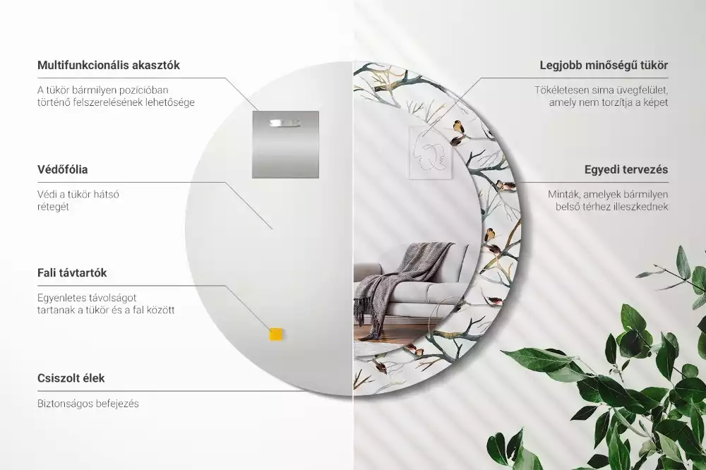 Ronde spiegel met decoratie Mussen vogels takken