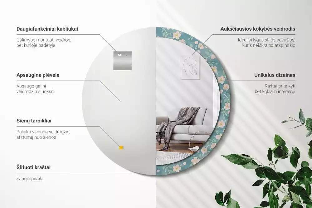 Ronde spiegel met bedrukte lijst Bloemenpatroon