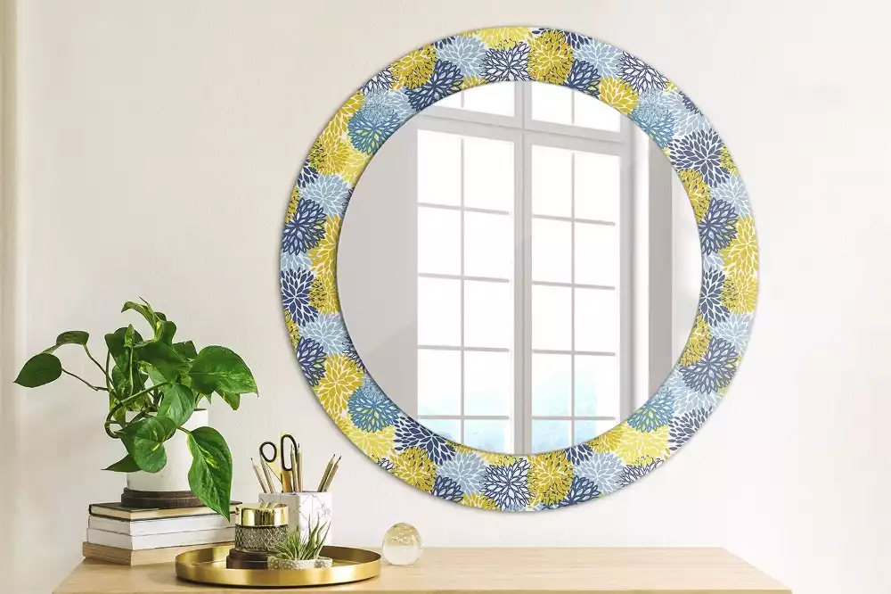 Ronde spiegel met decoratie Blauwe bloemen