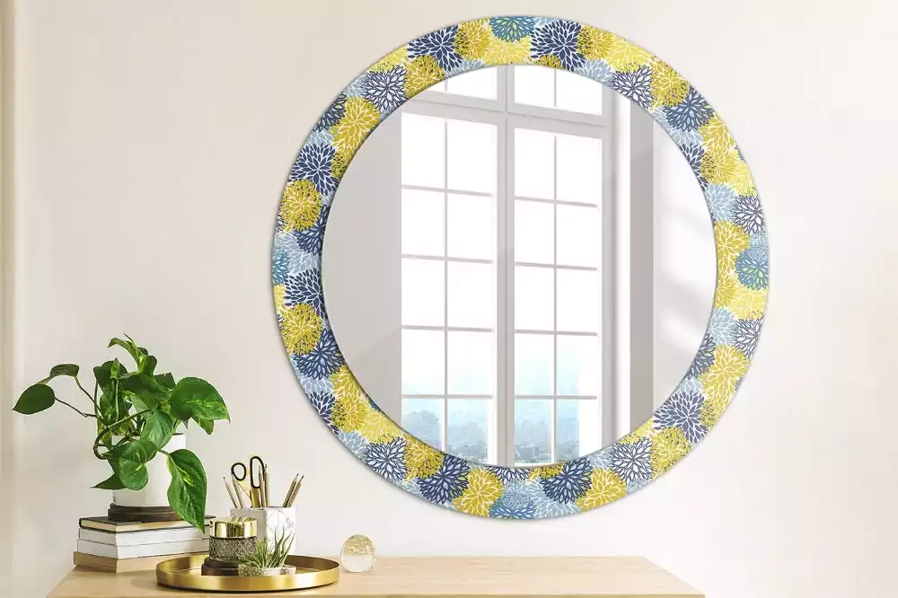 Ronde spiegel met decoratie Blauwe bloemen