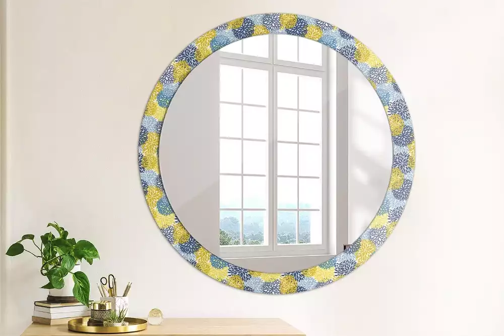 Ronde spiegel met decoratie Blauwe bloemen