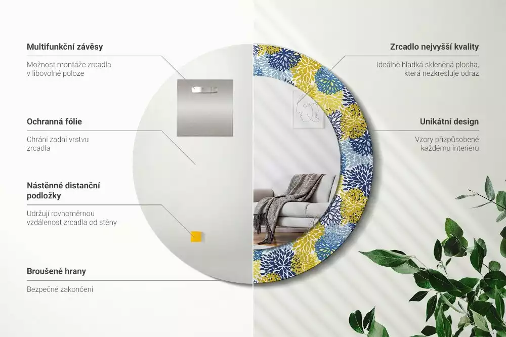 Ronde spiegel met decoratie Blauwe bloemen