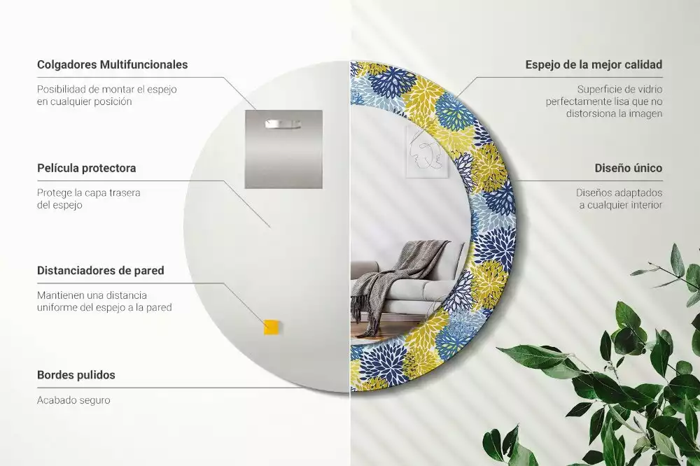 Ronde spiegel met decoratie Blauwe bloemen