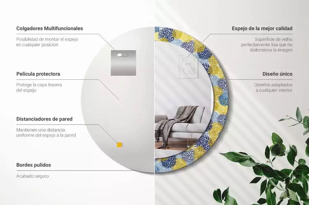 Ronde spiegel met decoratie Blauwe bloemen