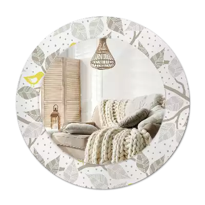 Ronde spiegel met bedrukte lijst Gele vogels op de takken