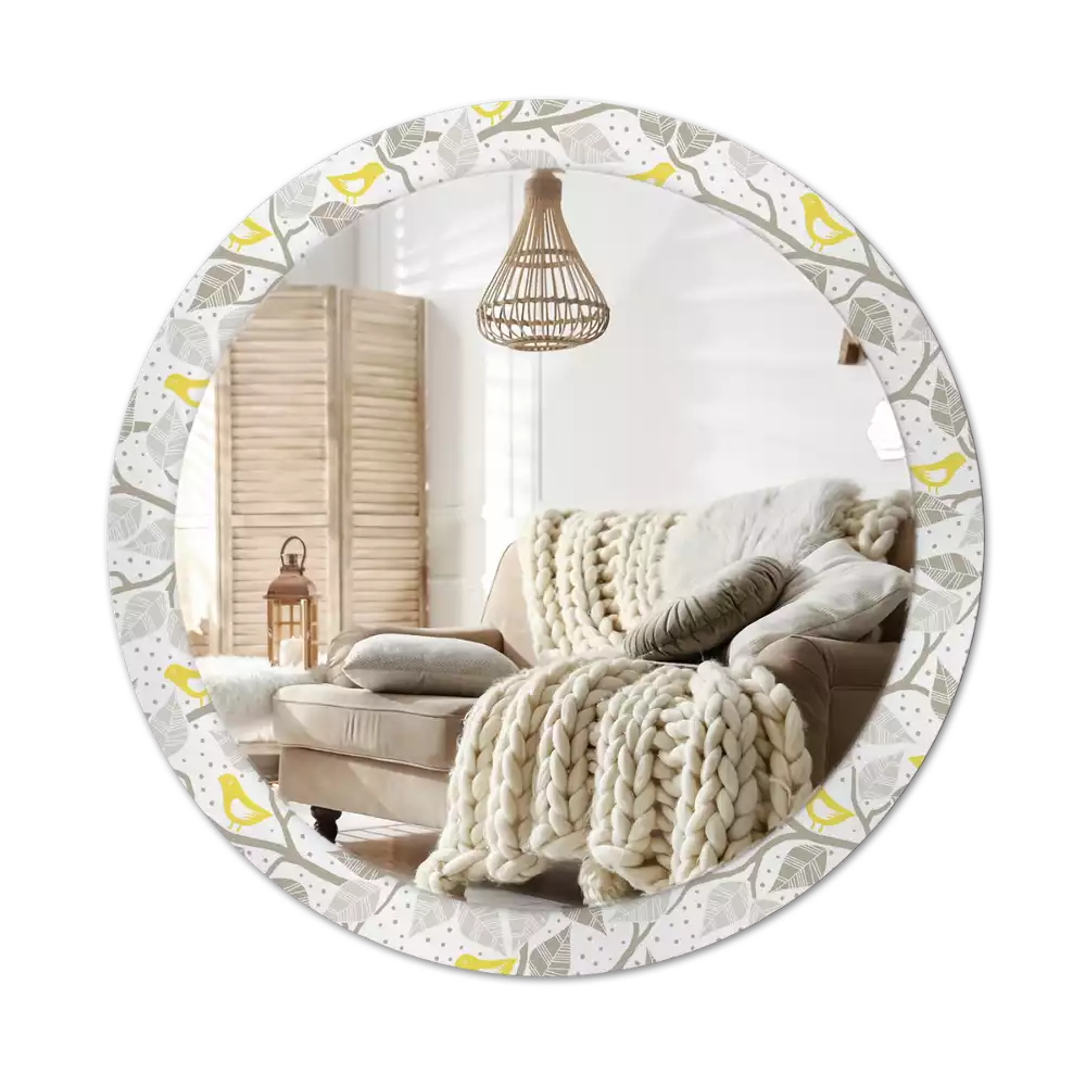 Ronde spiegel met bedrukte lijst Gele vogels op de takken