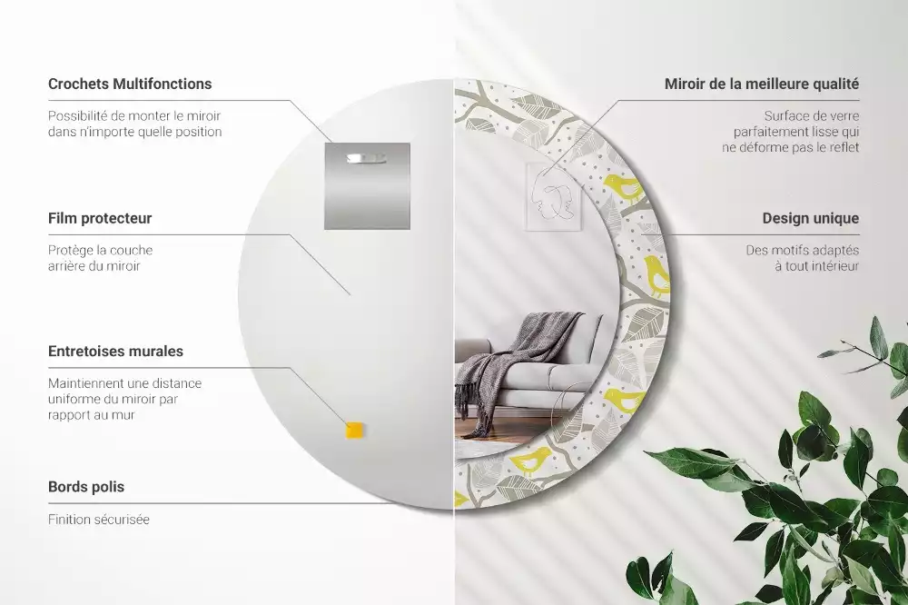 Ronde spiegel met bedrukte lijst Gele vogels op de takken