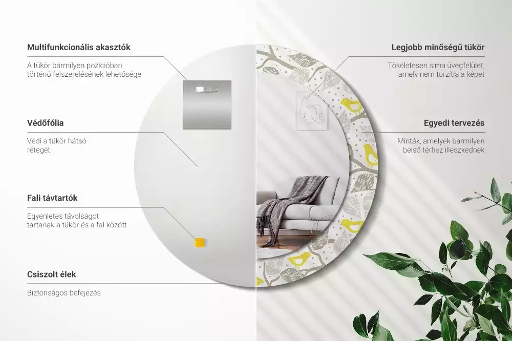 Ronde spiegel met bedrukte lijst Gele vogels op de takken