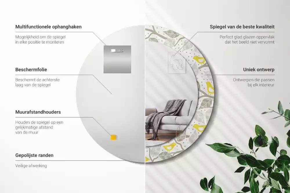 Ronde spiegel met bedrukte lijst Gele vogels op de takken