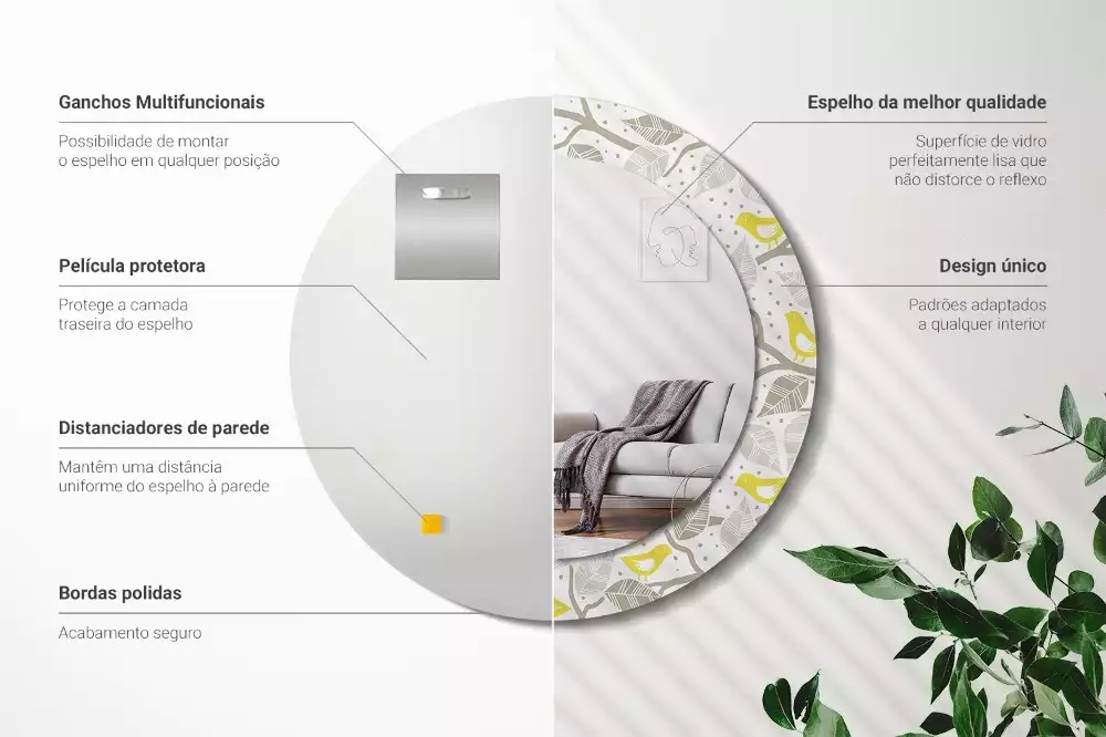 Ronde spiegel met bedrukte lijst Gele vogels op de takken