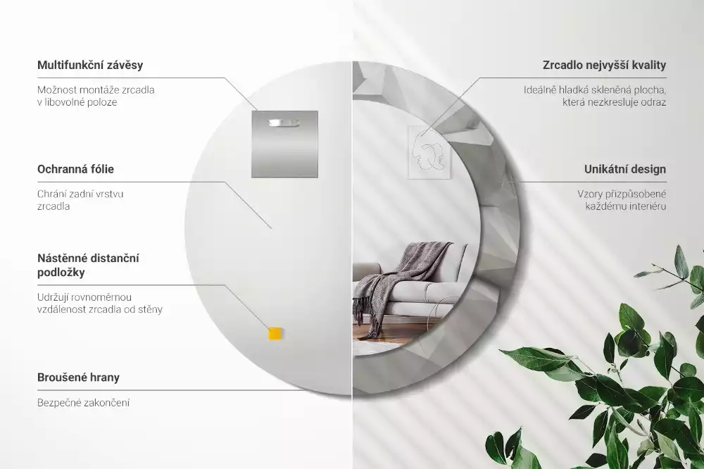 Bedrukte ronde spiegel Abstract wit kristal