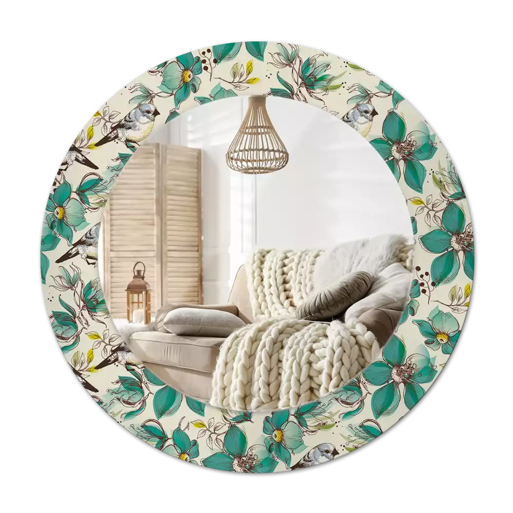 Ronde spiegel met decoratie Bloemen en vogels