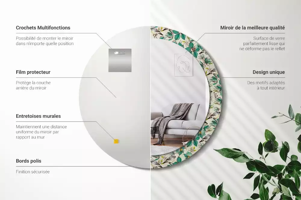 Ronde spiegel met decoratie Bloemen en vogels