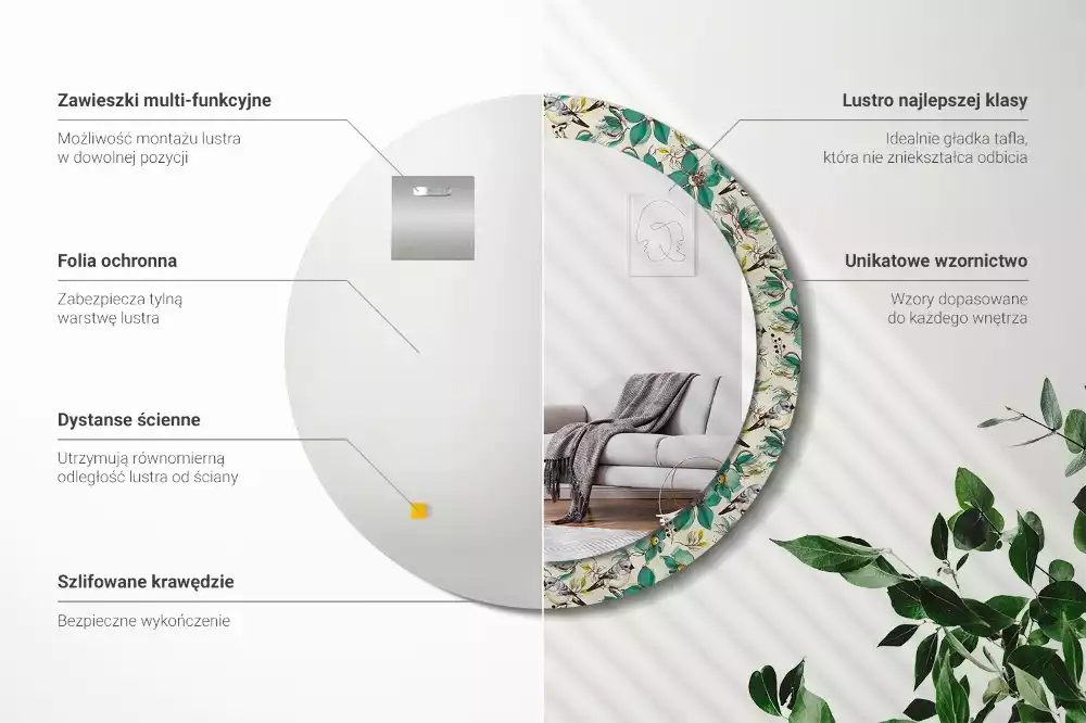 Ronde spiegel met decoratie Bloemen en vogels