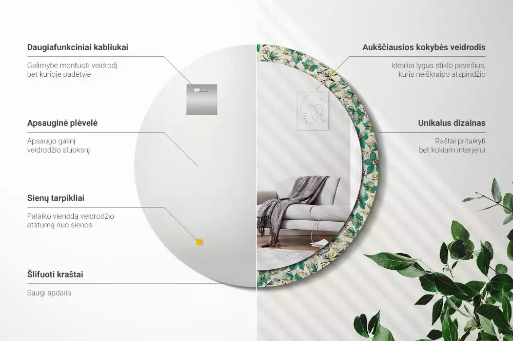 Ronde spiegel met decoratie Bloemen en vogels