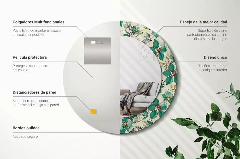 Ronde spiegel met decoratie Bloemen en vogels