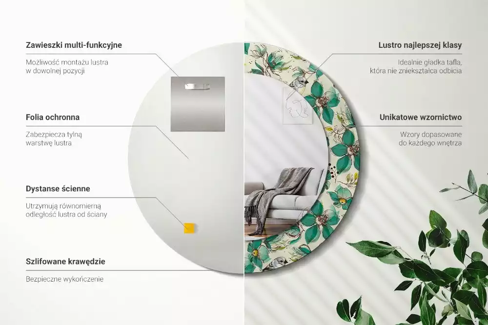 Ronde spiegel met decoratie Bloemen en vogels