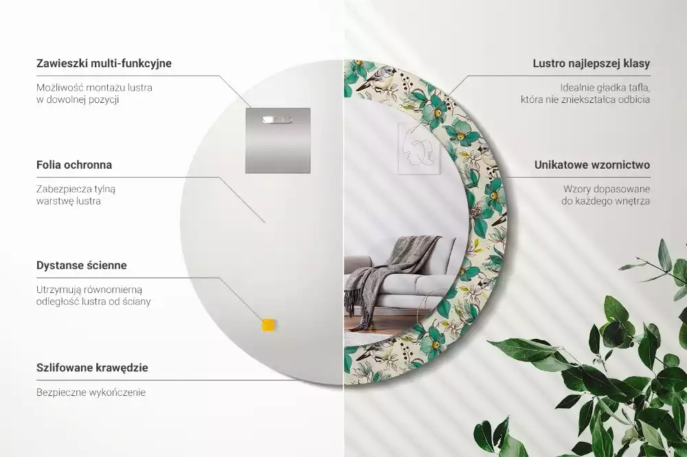 Ronde spiegel met decoratie Bloemen en vogels